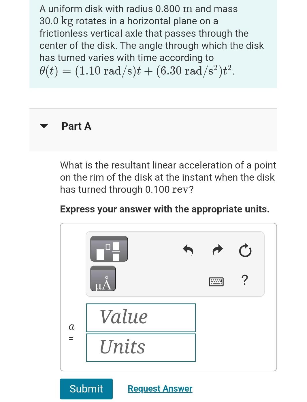  A uniform disk with radius 0.800m and mass 30.0kg rotates in