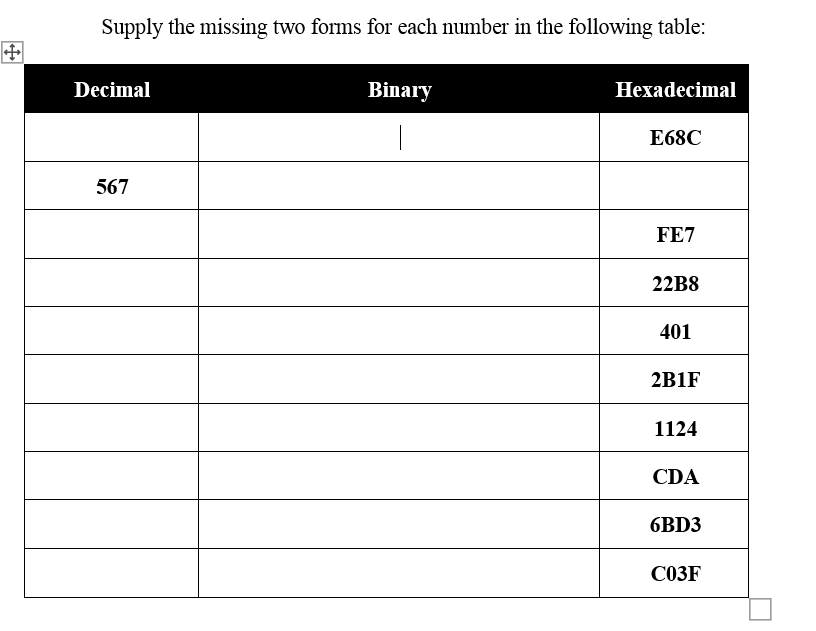 Assembly Language Programming Supply the missing two forms for each number in