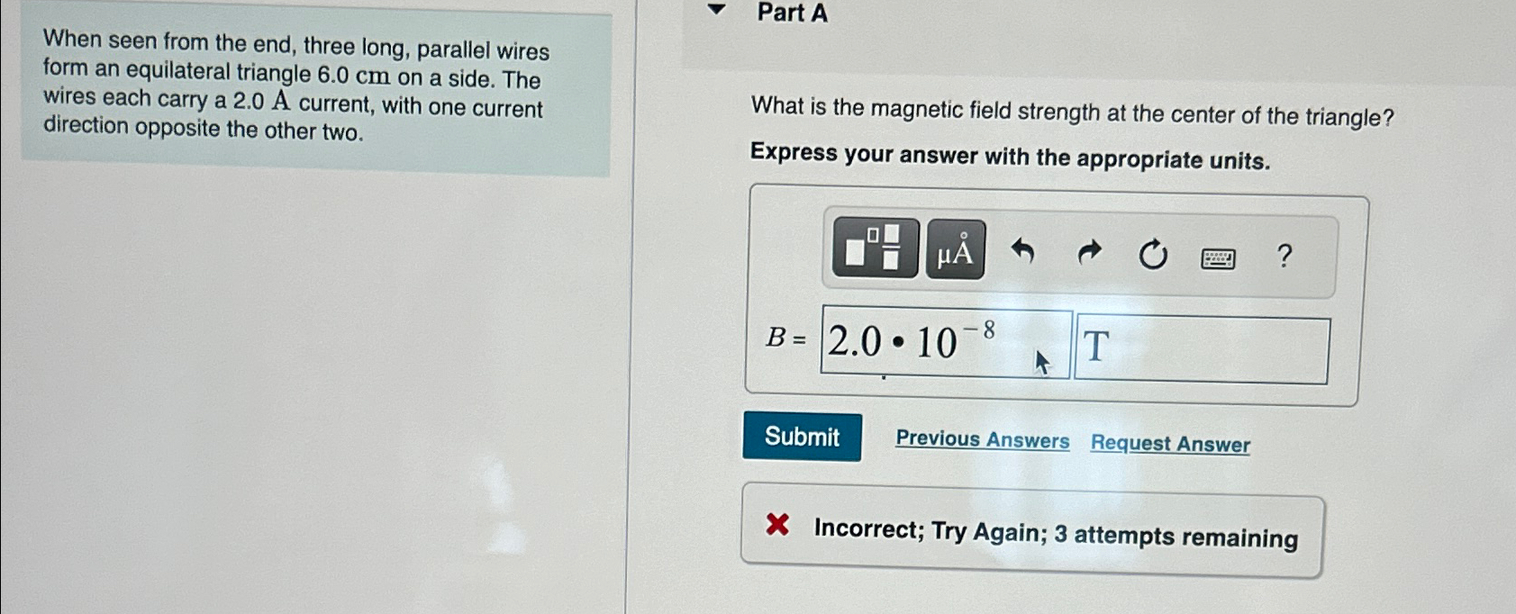  When seen from the end, three long, parallel wires form an