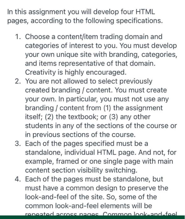 help please In this assignment you will develop four HTML pages, according