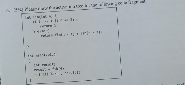 compiler problems?thx 6, (5%) Please draw the activation tree for the following