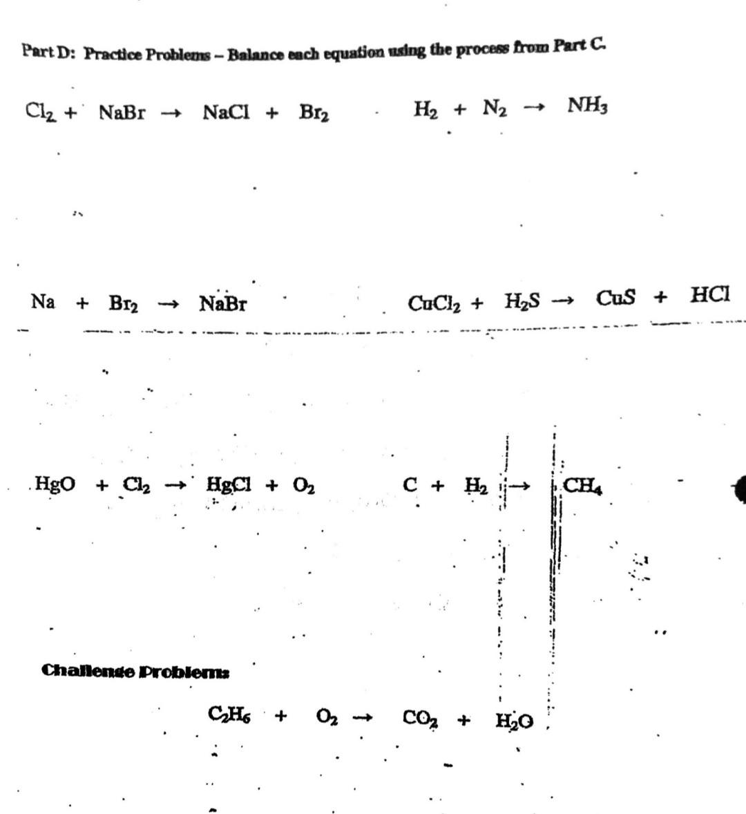  Part D: Practice Problems - Balance each equation nsing the process