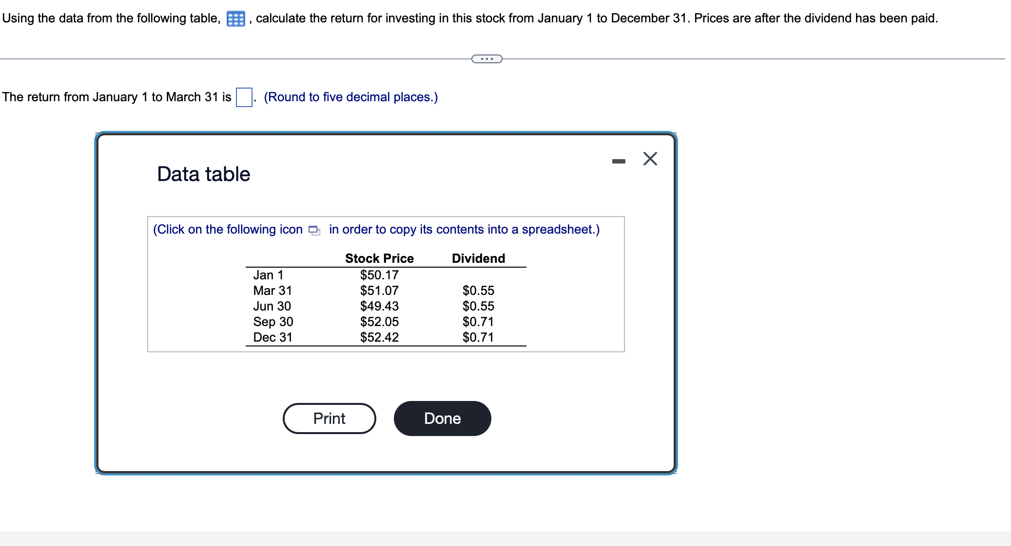 Using the data from the following table, , calculate the return
