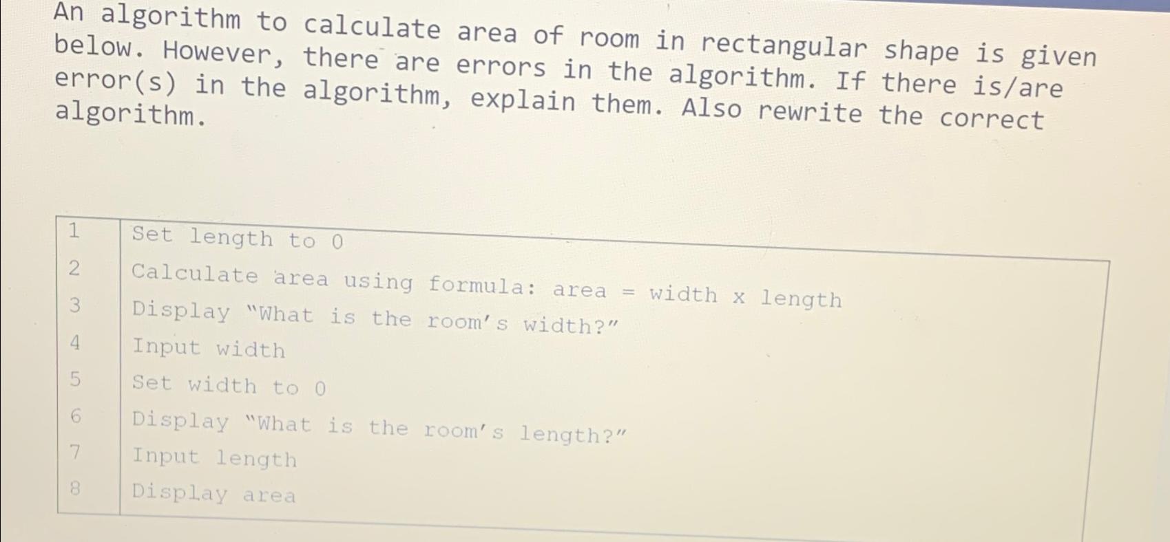  An algorithm to calculate area of room in rectangular shape is