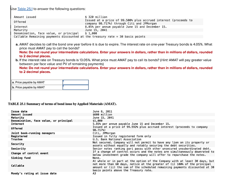  Use Table 25.1 to answer the following questions: Amount issued Offered