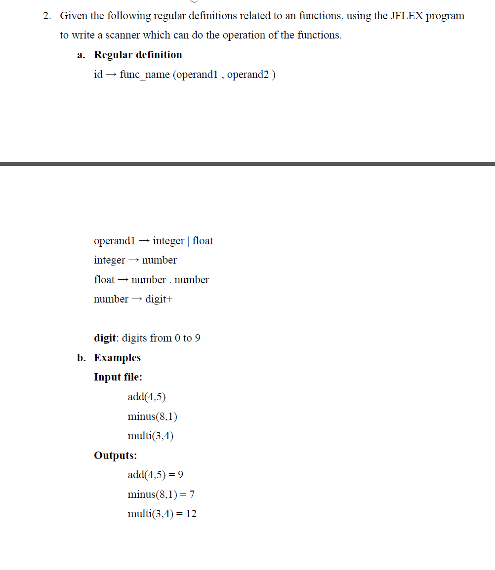 java implement 2. Given the following regular definitions related to an functions,