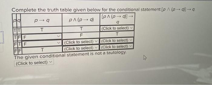  Complete the truth table given below for the conditional statement (p