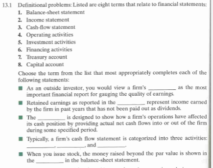 Definitional problems: Listed are eight terms that relate to financial statements: