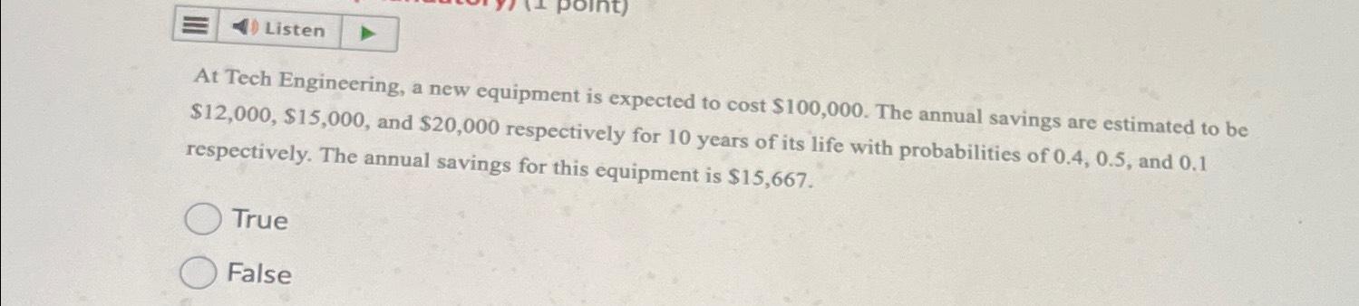  Listen At Tech Engineering, a new equipment is expected to cost