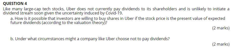 QUESTION 4 Like many large-cap tech stocks, Uber does not currently