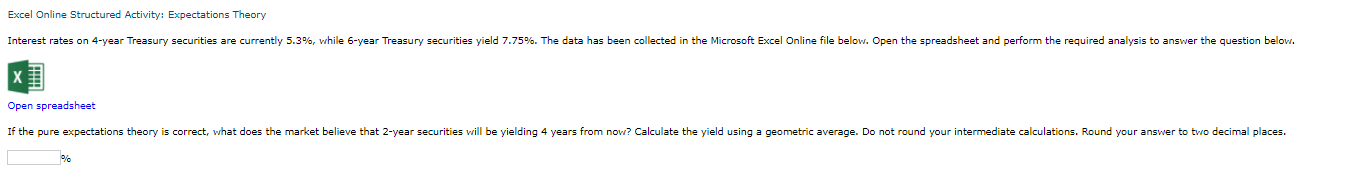 Excel Online Structured Activity: Expectations Theory Interest rates on 4-year Treasury