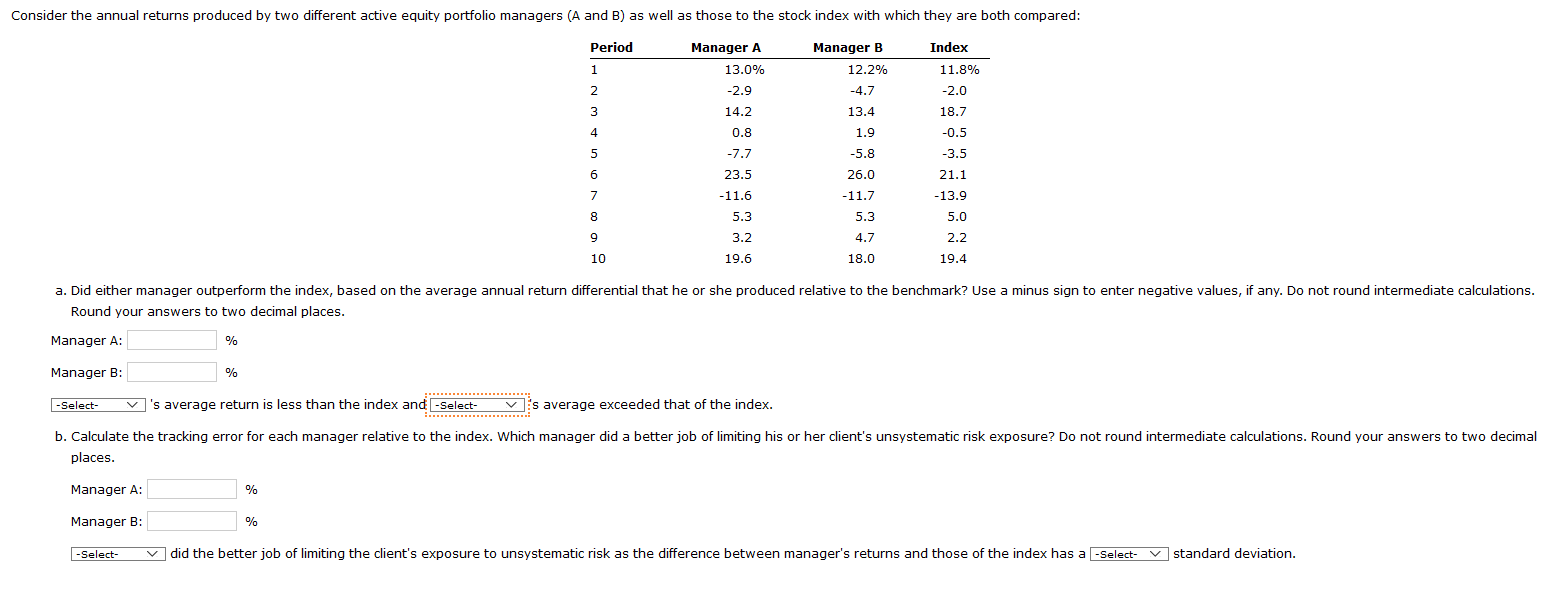  Manager A/B 's average return is less than the index and