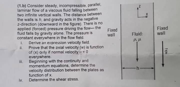  (1.b) Consider steady, incompressible, parallel, laminar flow of a viscous fluid
