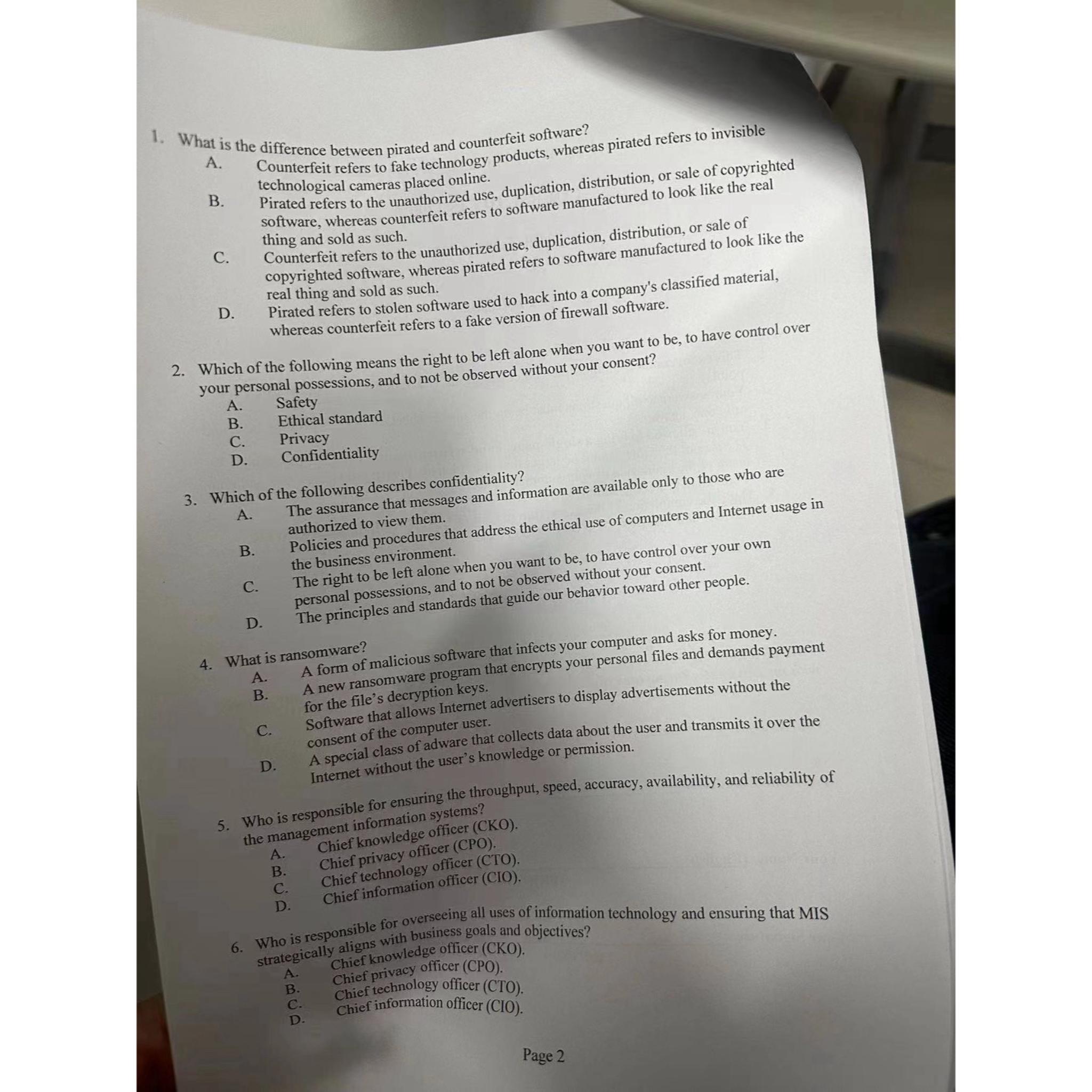  What is the difference between pirated and counterfeit software? A. Counterfeit