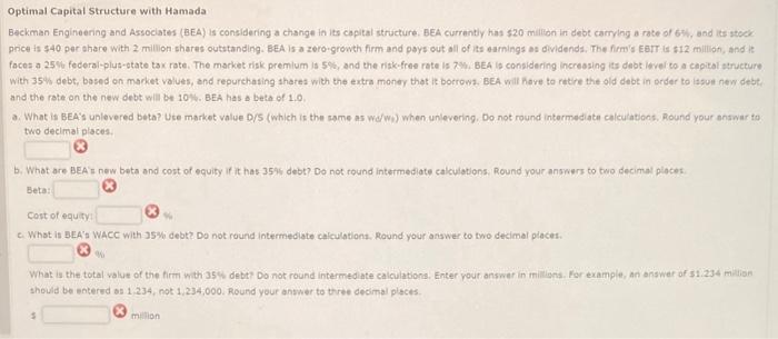  Optimal Capital Structure with Hamada Backman Engineering and Associates (BEA) is