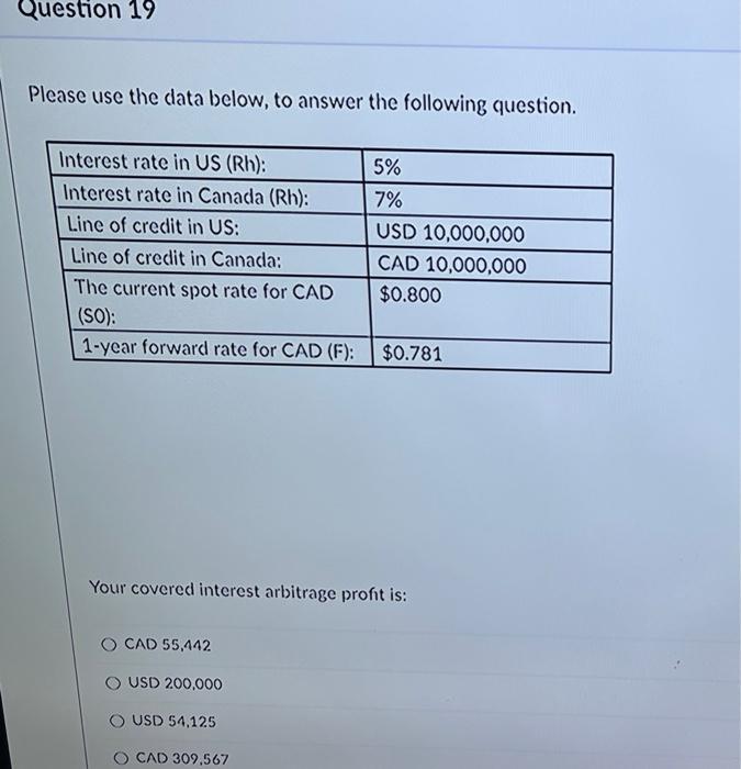  Question 19 Please use the data below, to answer the following