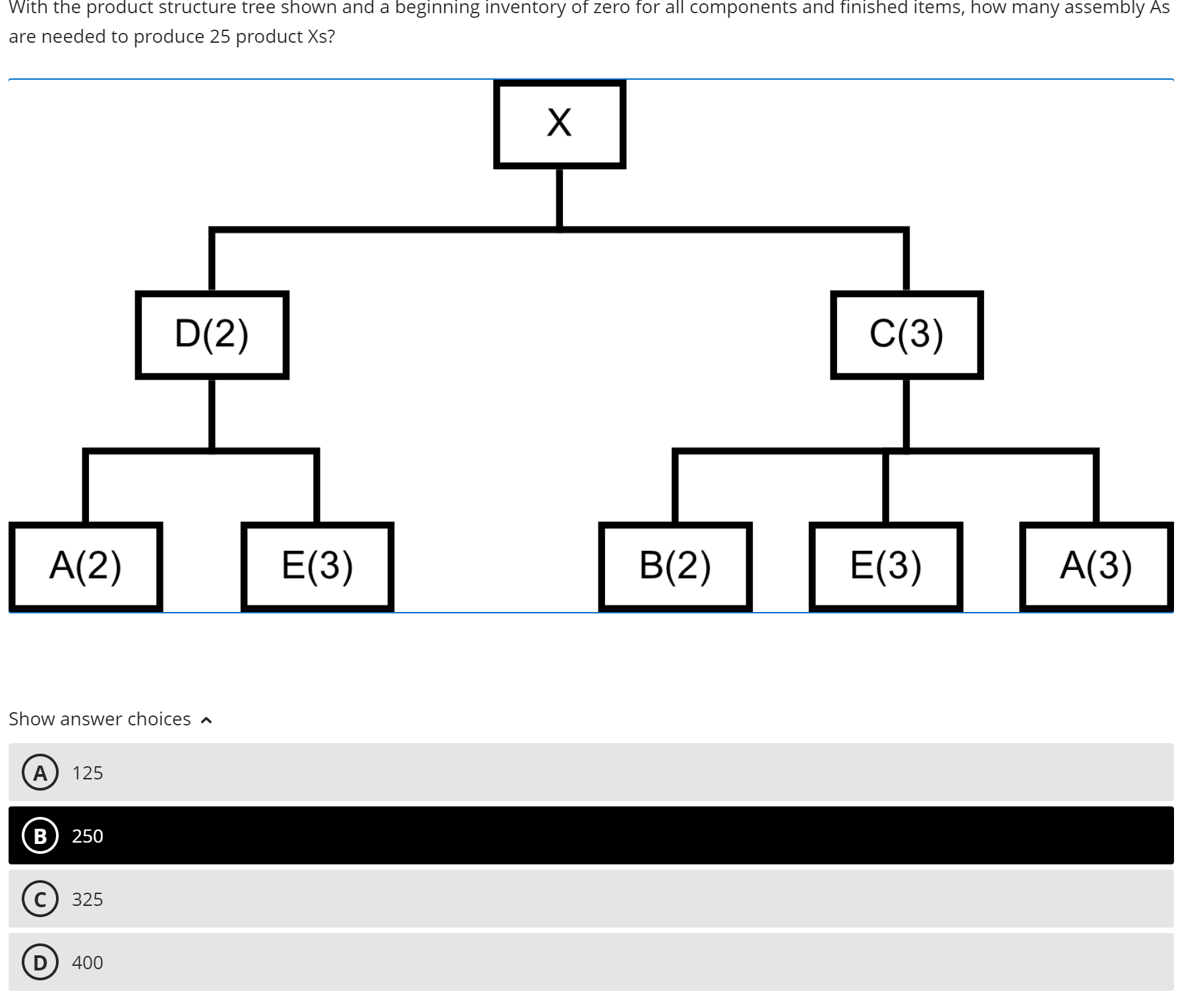  With the product structure tree shown and a beginning inventory of
