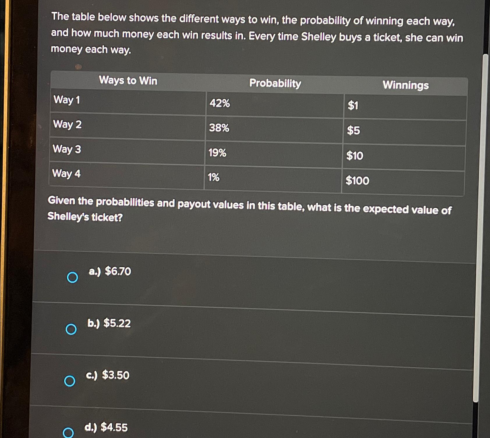  The table below shows the different ways to win, the probability