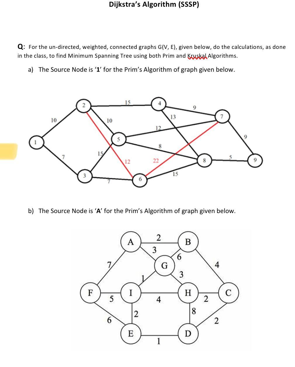 Dijkstra's Algorithm (SSSP) Q: For the un-directed, weighted, connected graphs G(V,