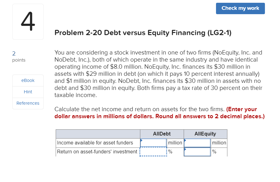 Check my work Problem 2-20 Debt versus Equity Financing (LG2-1) points