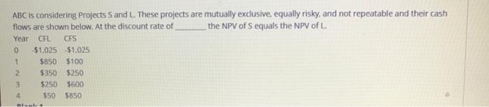  ABC is considering Projects and L. These projects are mutually exclusive