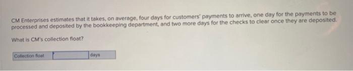  CM Enterprises estimates that it takes, on average, four days for