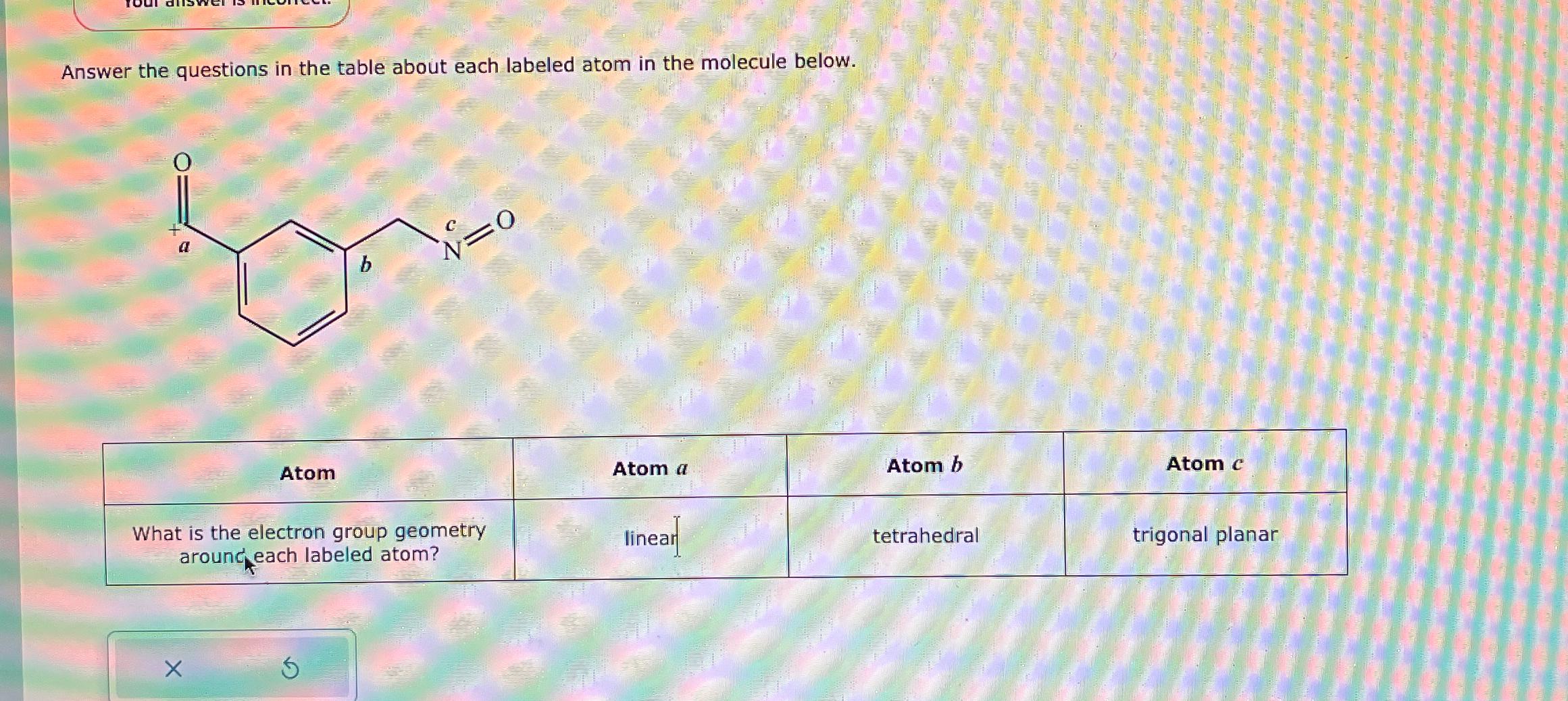  Answer the questions in the table about each labeled atom in