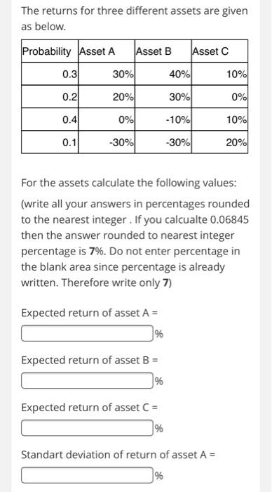  The returns for three different assets are given as below. Probability