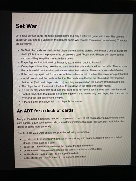 Set War Let's take our Set cards (from last assignment) and