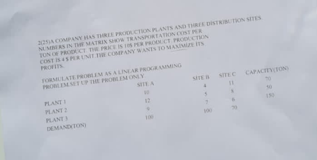  (25) A COMPANY HAS THREE PRODLCTION PLANTS AND THREE DISTRIBUTION SITES