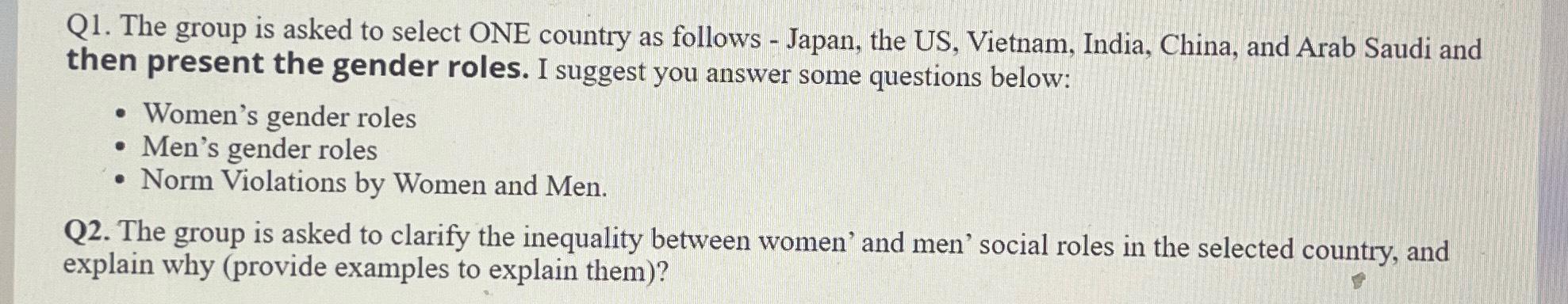  Q1. The group is asked to select ONE country as follows