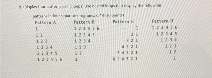 java 9. (Display four patterns using loops) Use nested loops that display