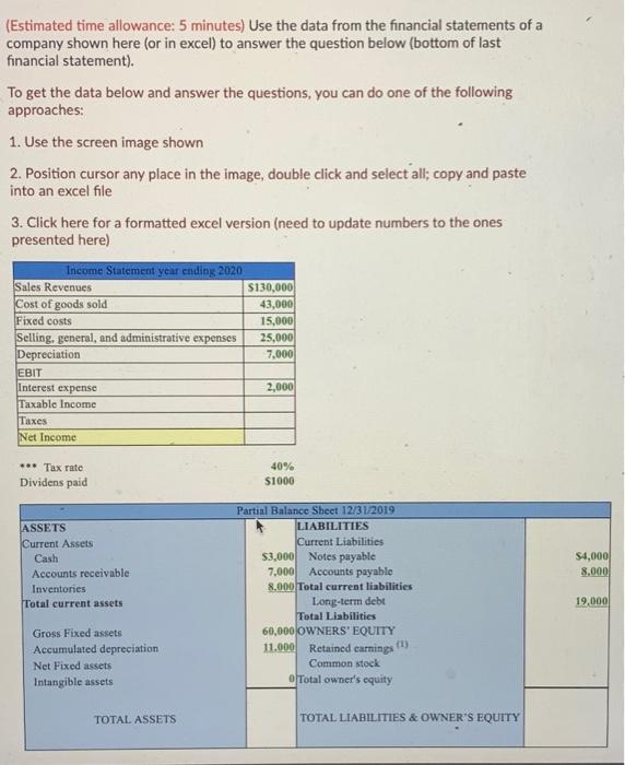  (Estimated time allowance: 5 minutes) Use the data from the financial