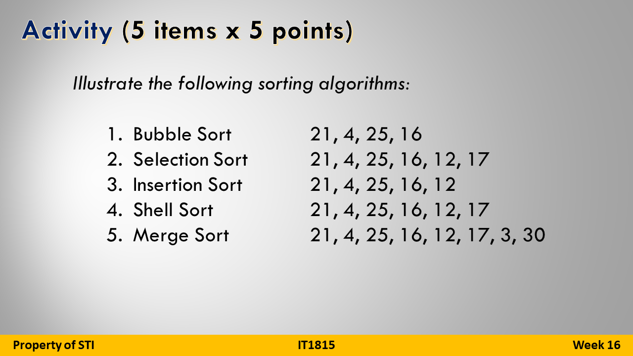  Activity (5 items x 5 points) Illustrate the following sorting algorithms: