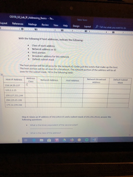  CIS150 U2 Lab_IP Addressing Basics Re. Table Tools Layout References Mailings