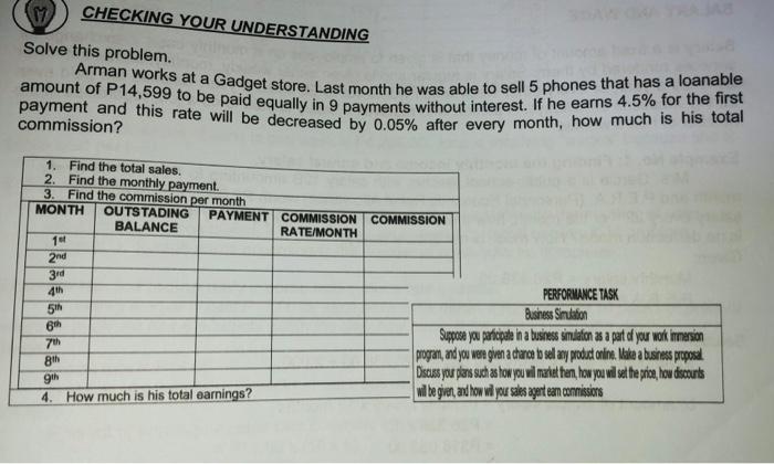 business math CHECKING YOUR UNDERSTANDING Solve this problem. Arman works at a