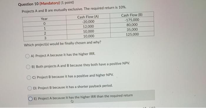  Question 10 (Mandatory) (1 point) Projects A and B are mutually