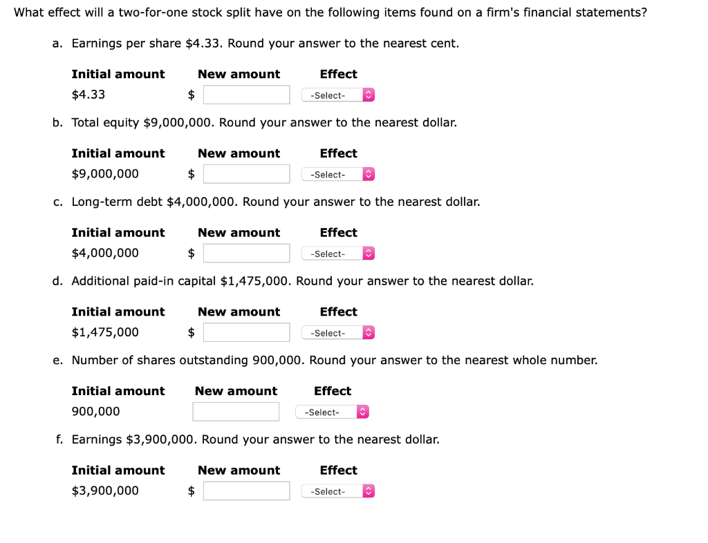  What effect will a two-for-one stock split have on the following