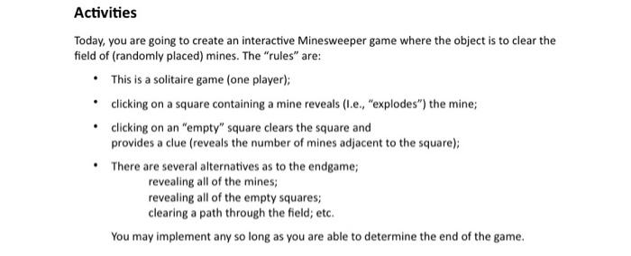 Code in matlab please Activities Today, you are going to create an