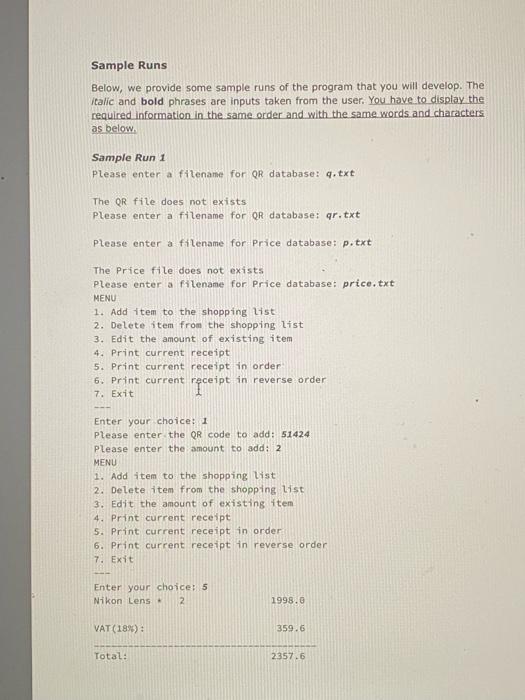 program will display a menu to the user for him/her to choose