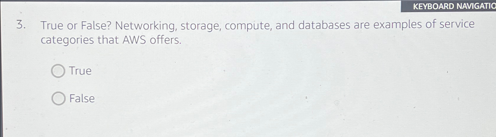  KEYBOARD NAVIGATIO 3. True or False? Networking, storage, compute, and databases