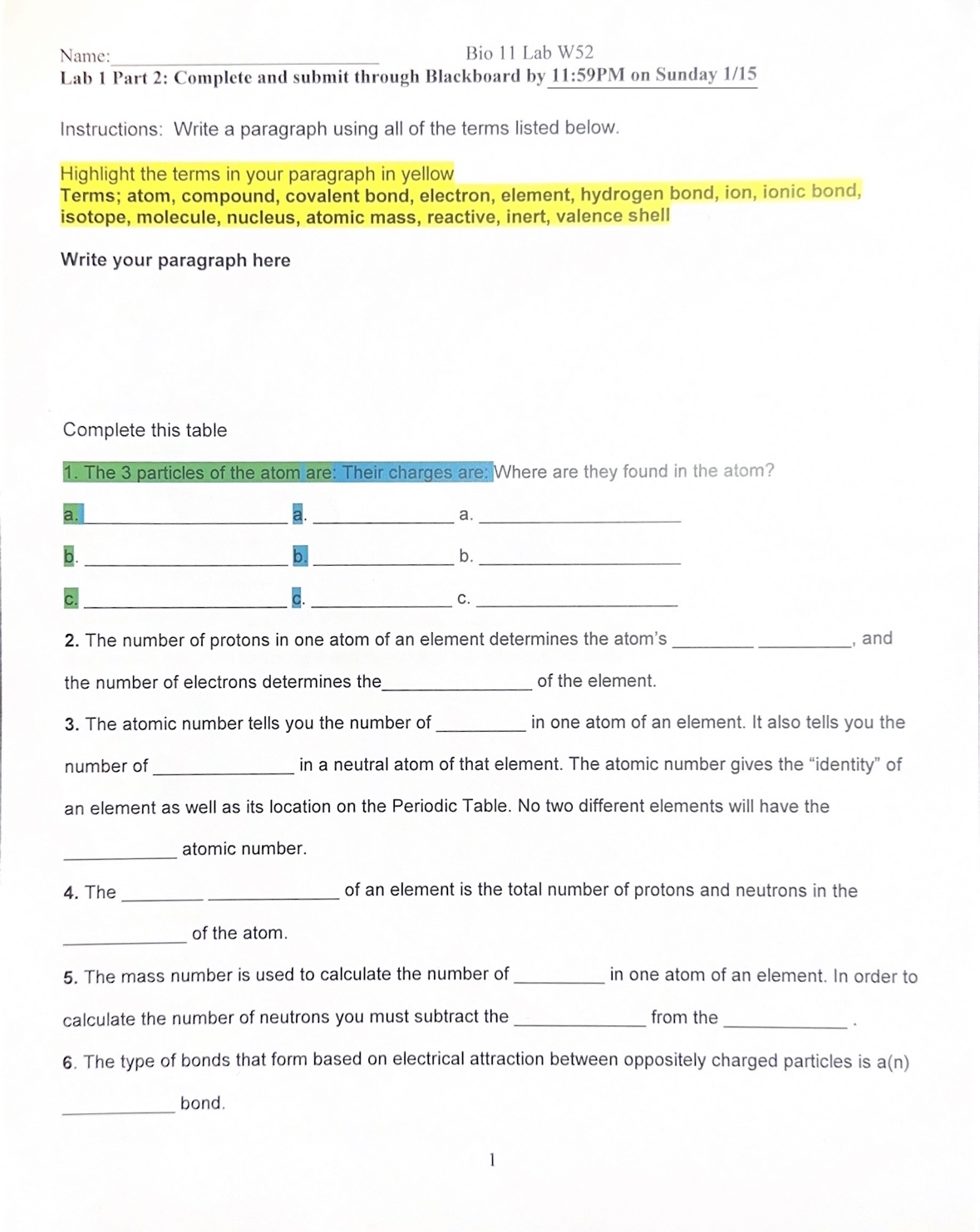  Name: Bio 11 Lab W52 Lab 1 Part 2: Complete and