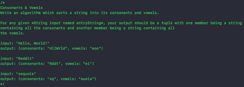 Swift: Xcode Consonants& Vowels write an algorithm which sorts a string into