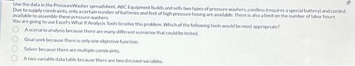  Use the data in the PressureWasher spreadsheet. ABC Equipment builds and
