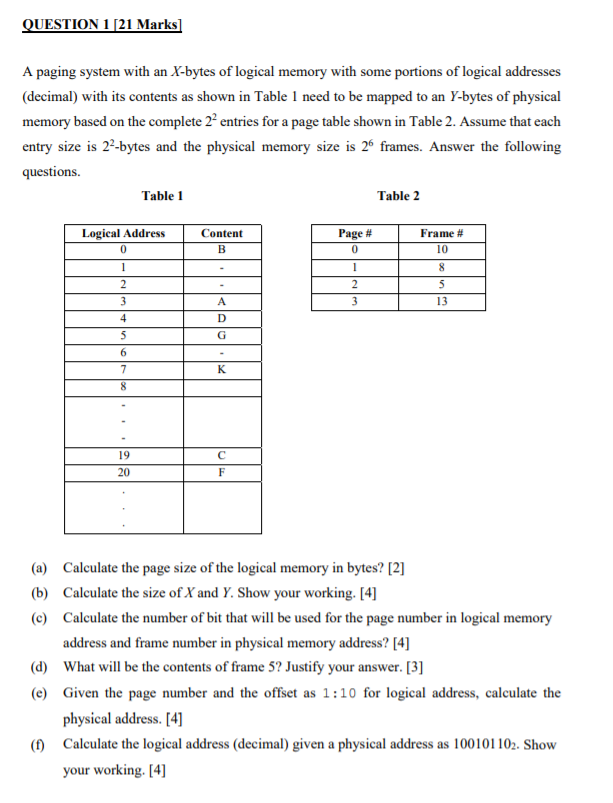 # Operating System QUESTION 1 [21 Marks] A paging system with an
