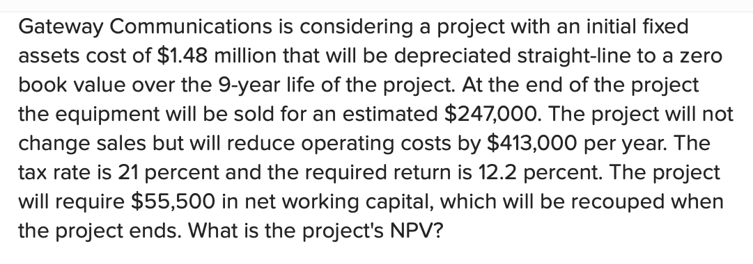  Gateway Communications is considering a project with an initial fixed assets
