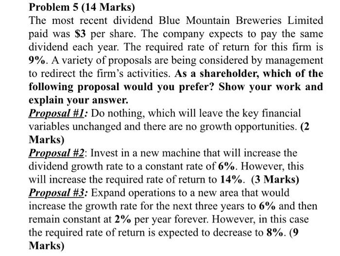  Problem 5 (14 Marks) The most recent dividend Blue Mountain Breweries