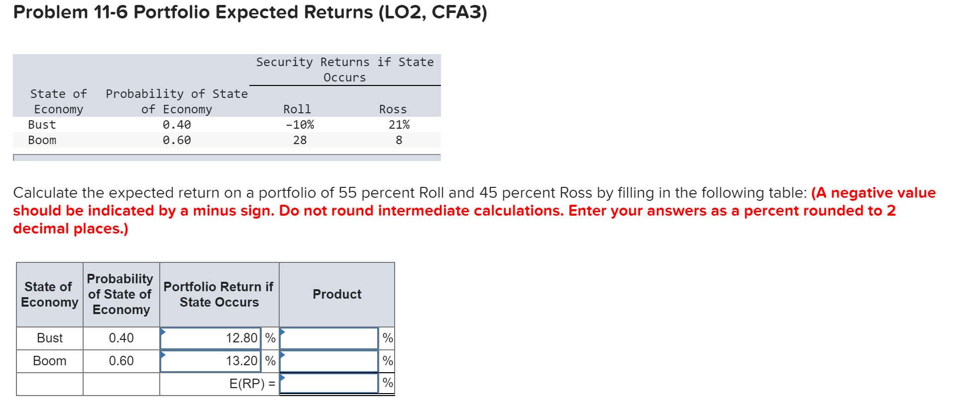  Problem 11-6 Portfolio Expected Returns (LO2, CFA3) Security Returns if State