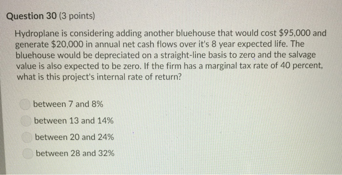  Question 30 (3 points) Hydroplane is considering adding another bluehouse that