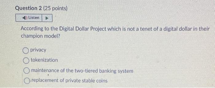  According to the Digital Dollar Project which is not a tenet